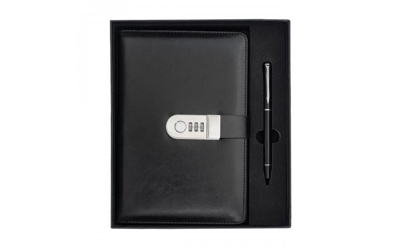 Zestaw notes z szyfrem i długopis Windsor, czarny