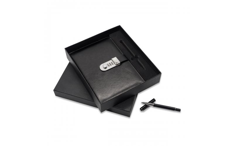 Zestaw notes z szyfrem i długopis Windsor, czarny