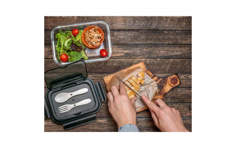 Szklany lunch box ze sztućcami Lagos 1000 ml, czarny